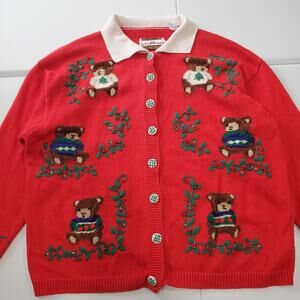 Vintage Marisa Christina Sweater Womens 2X Red Bear Christmas Embroidered 90s